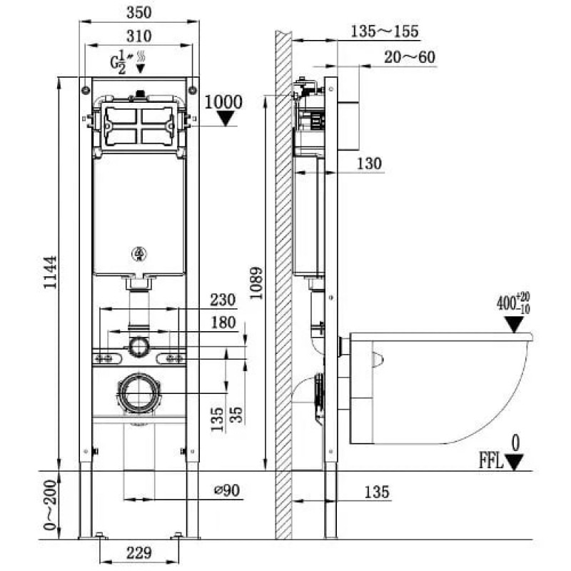 Унитаз с инсталляцией WeltWasser и кнопкой смыва (AMBERG 350 + GELBACH 043 MT-WT + AMBERG RD-BL)