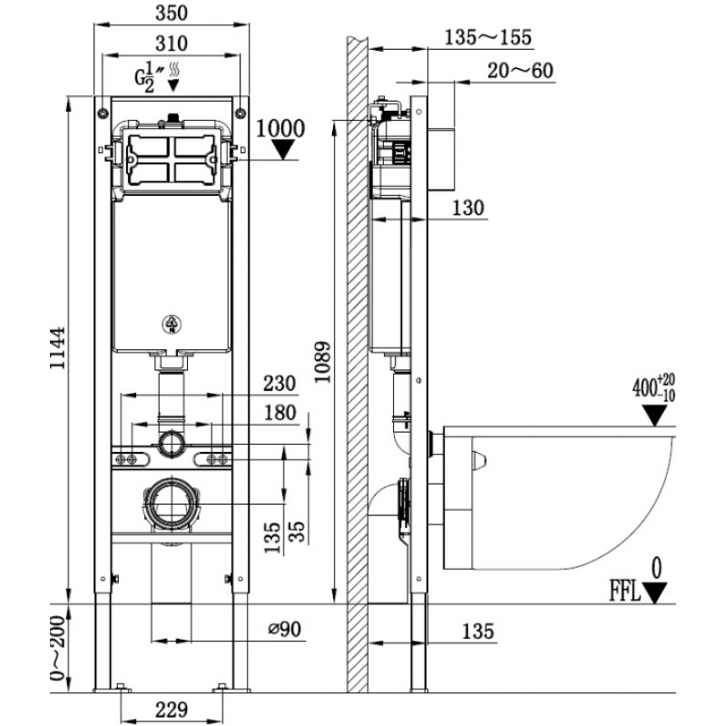 Унитаз с инсталляцией WeltWasser и кнопкой смыва (AMBERG 350 + GELBACH 043 MT-BL + AMBERG RD-WT)