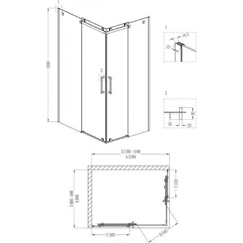 Душ.ограждение GR-1120L Cosmo 120*90*190 прямоугольник, двери раздвижные 2 места